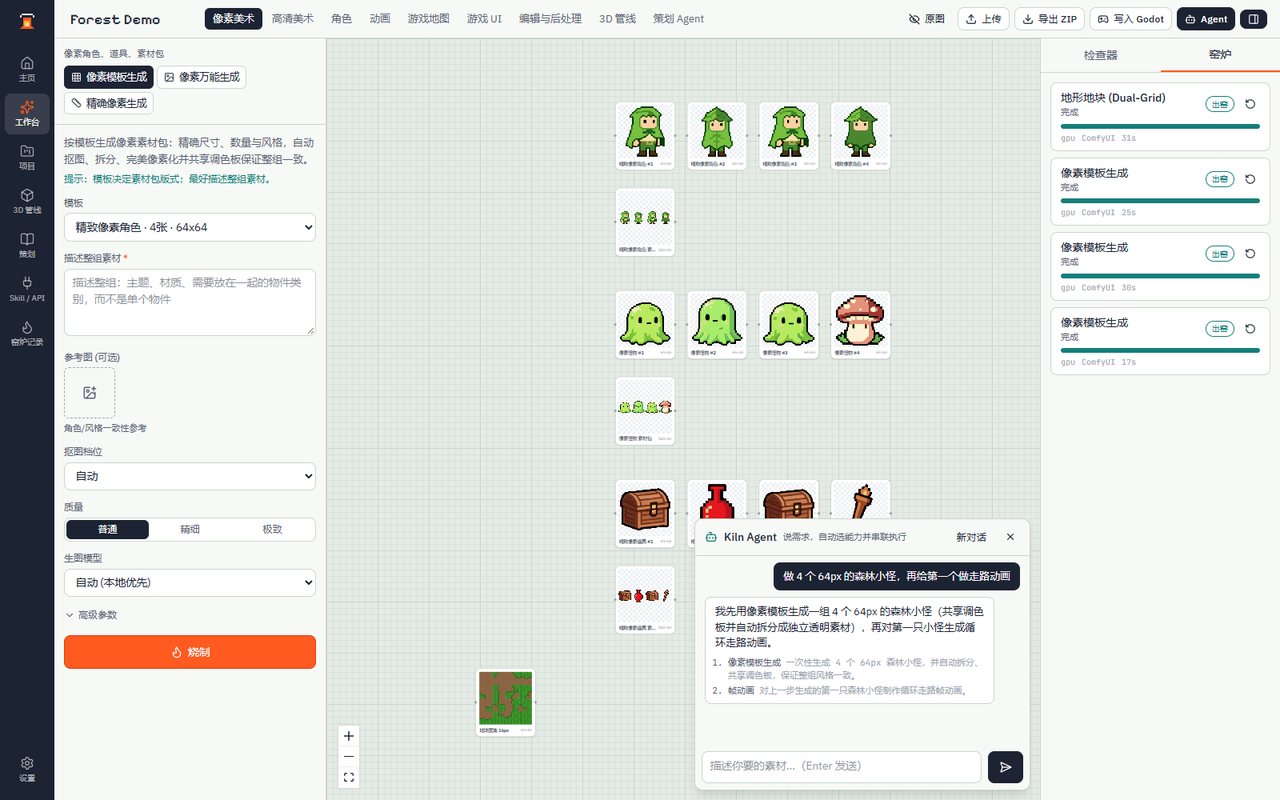 SpriteKiln 工作台:左侧是素材参数,画布上是森林小怪、史莱姆、蘑菇和宝箱,Kiln Agent 把需求拆成两步