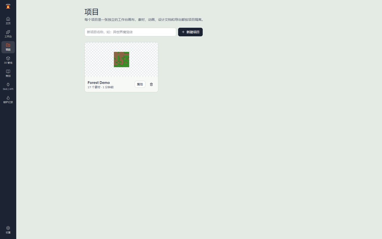 SpriteKiln 项目列表:Forest Demo 项目卡,17 个素材